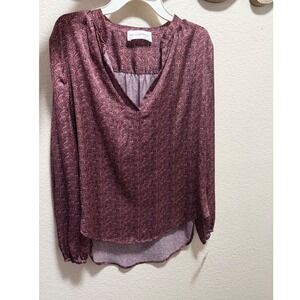 SELF CONTRAST Women's Burgundy Ditsy Floral V Neck Long Sleeve Blouse